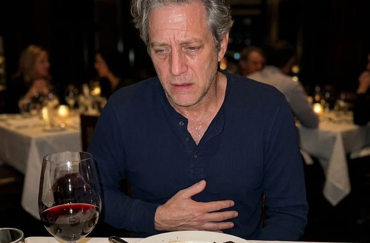 Adult man at dinner with a glass of wine and meal