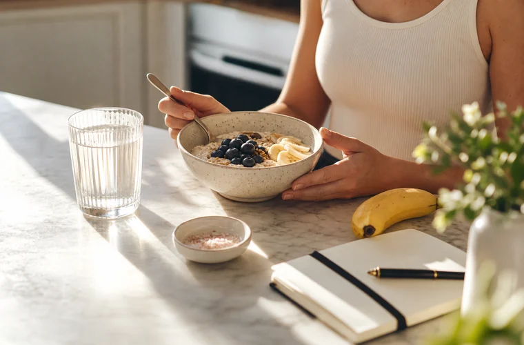 Morning kitchen counter with water glass, breakfast bowl, banana, notebook, and pen