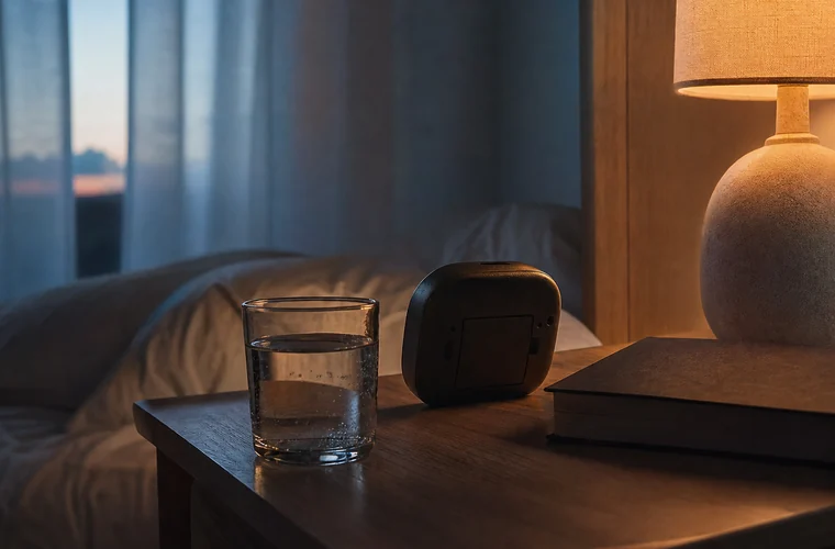 Dawn bedside table with water glass, lamp, book, and alarm clock