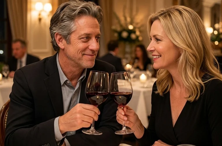 Adults sharing a quiet dinner with wine glasses and food